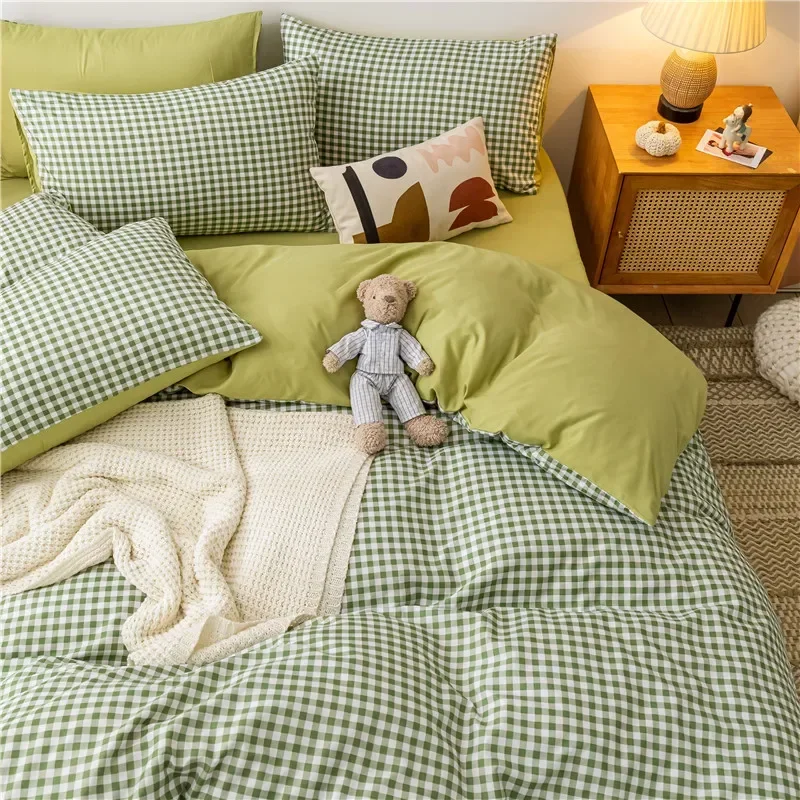 Black White Small Checks Printed Bed Set Floral Duvet Cover Pillowcase Bedding Set Bed Sheet Quilt Cover Single Queen King Size 4