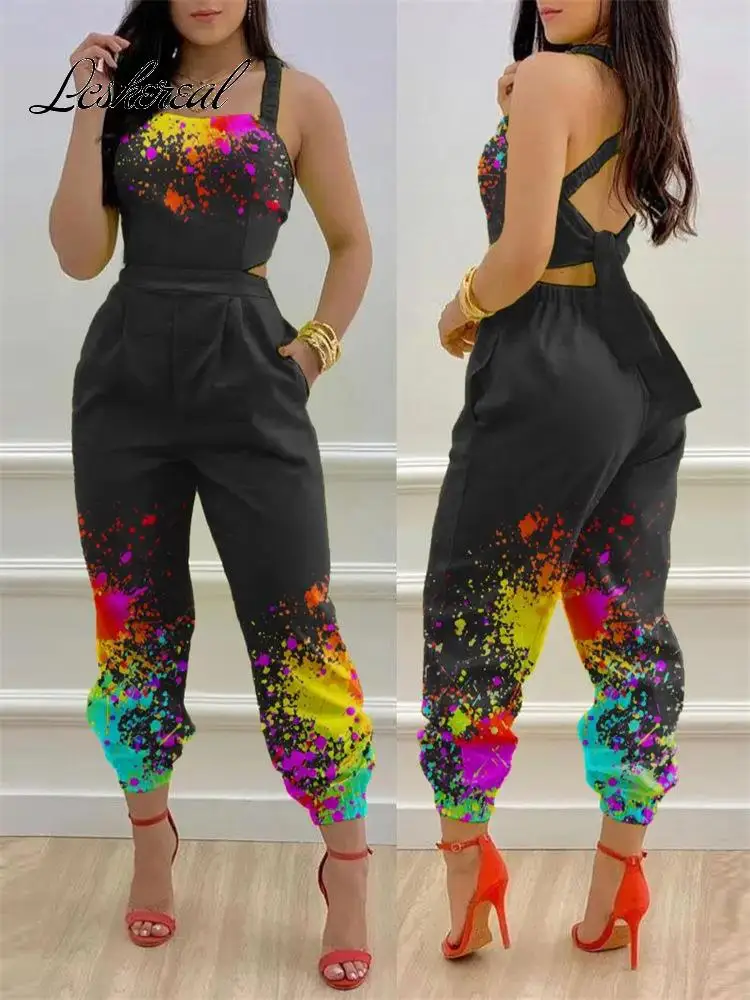 Sexy Backless Print Bow Jumpsuit Women 2023 Summer Outfits Casual Hip Waist Overalls Romper For Women Jumpsuits Elegance Overall