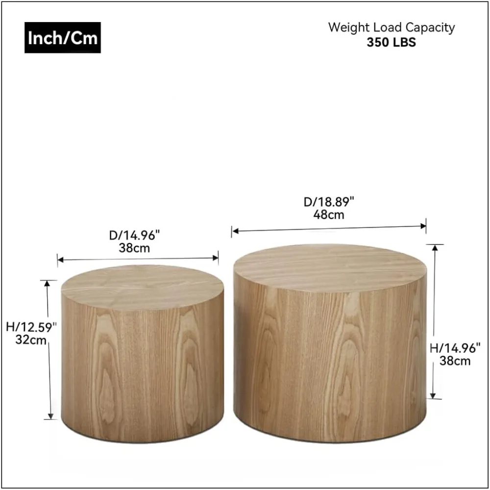 Round Coffee Table Set of 2, Nesting Coffee and End Table Set Wood Small Circle Drum Side Table for Living Room Office 2