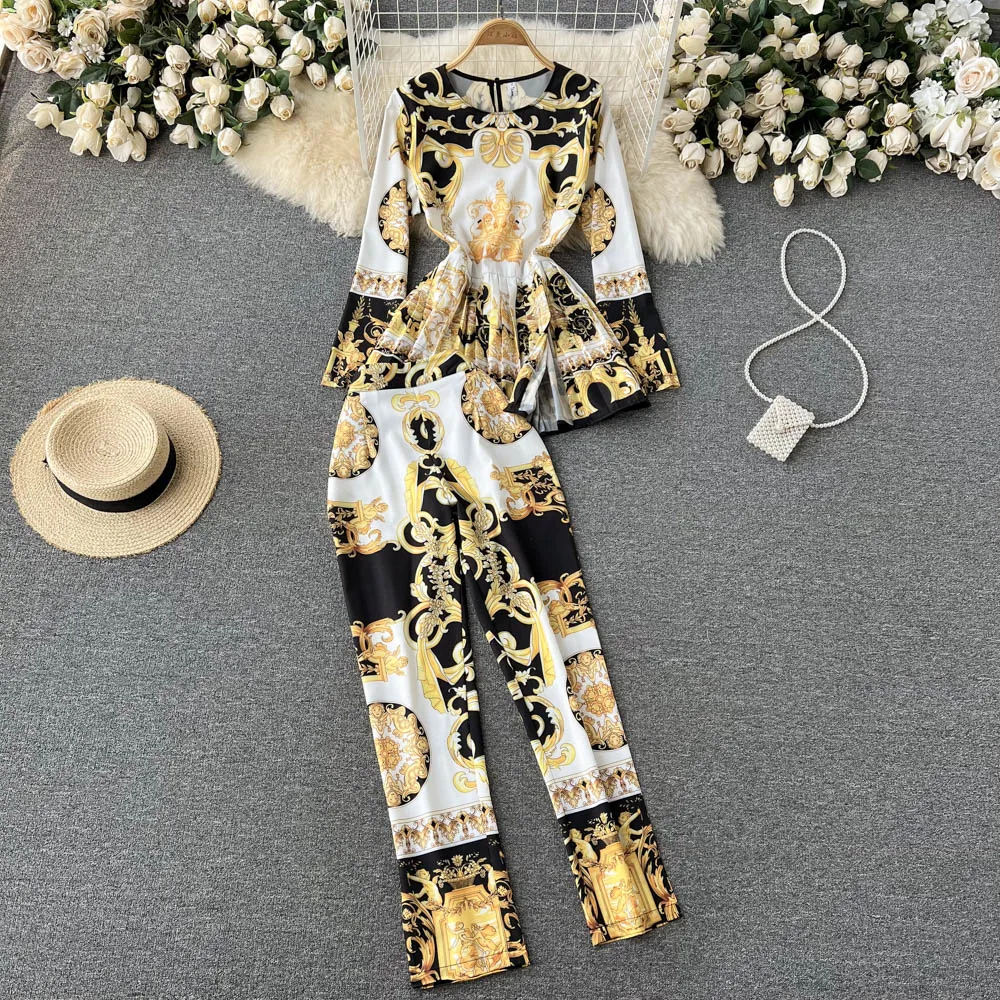 

Autumn European and American Style New Fashion Temperament Printed Shirt Women's Slim Slim Pencil Pants Two-piece Set