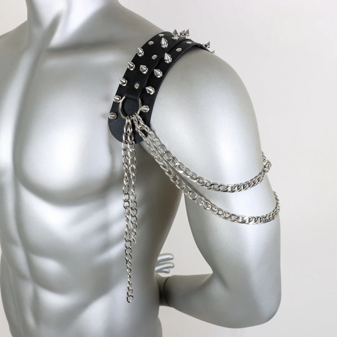 Sexy Herrengürtel PU-Leder Harness Strap mit Brustkette Schultergürtel Metallring Y2k Goth Punk Cosplay Zubehör – Detail 8