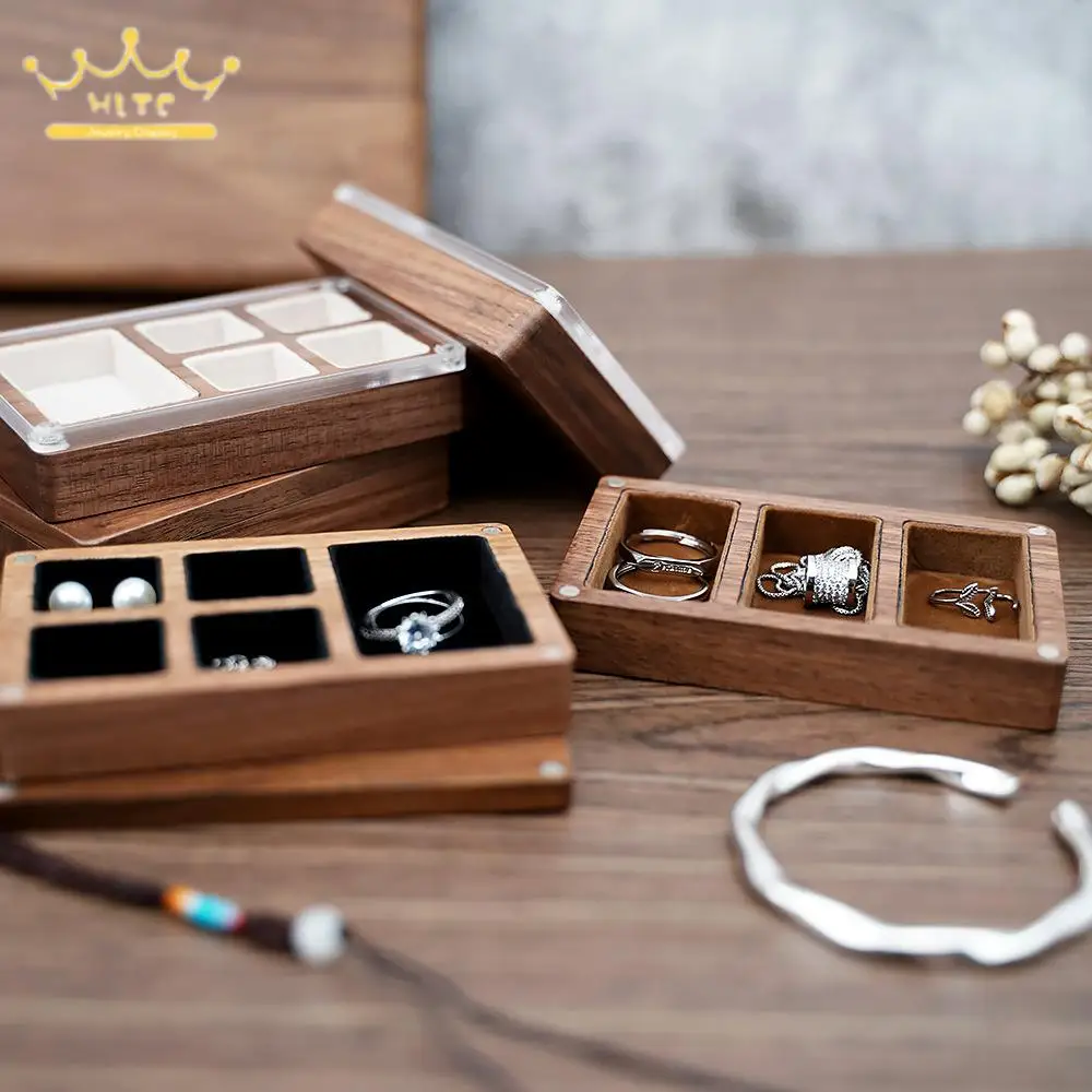 Vintage Wood Jewelry Box with Lid Earrings Ring Necklace Storage Box 3 Girds and 5 Girds Small Jewelry Organizer Tray