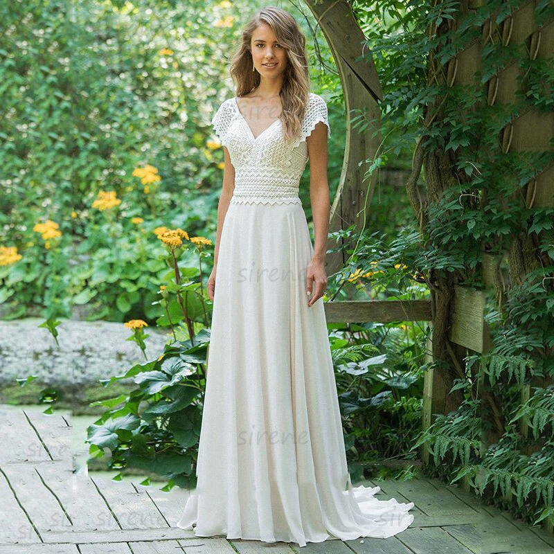 mermaid wedding dress 2024 white v neck long sleeve backless lace applique tulle bridal gown detachable train vestidos de novia Bohemian A-Line Wedding Dress White V-Neck Backless Cap Sleeve Lace Applique Chiffon Bridal Gowns Sweep Train Vestidos De Novia