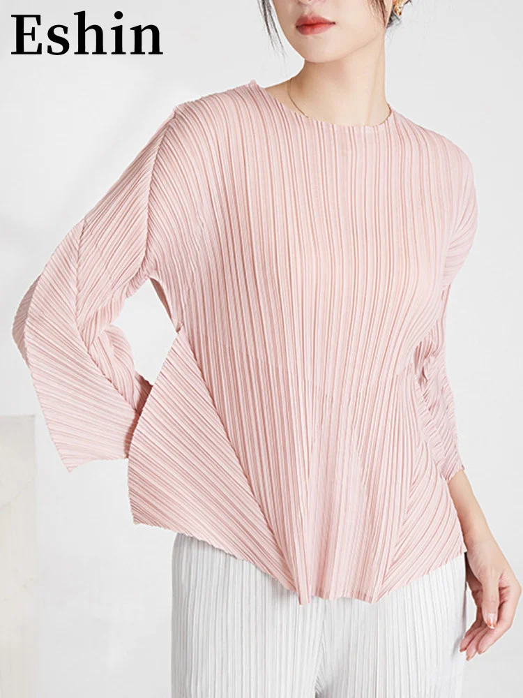 

Eshin 2023 Autumn New Irregular Solid Pleated Blouses Round Neck Long Sleeves Spliced Pullover Casual Female Clothing TH2476