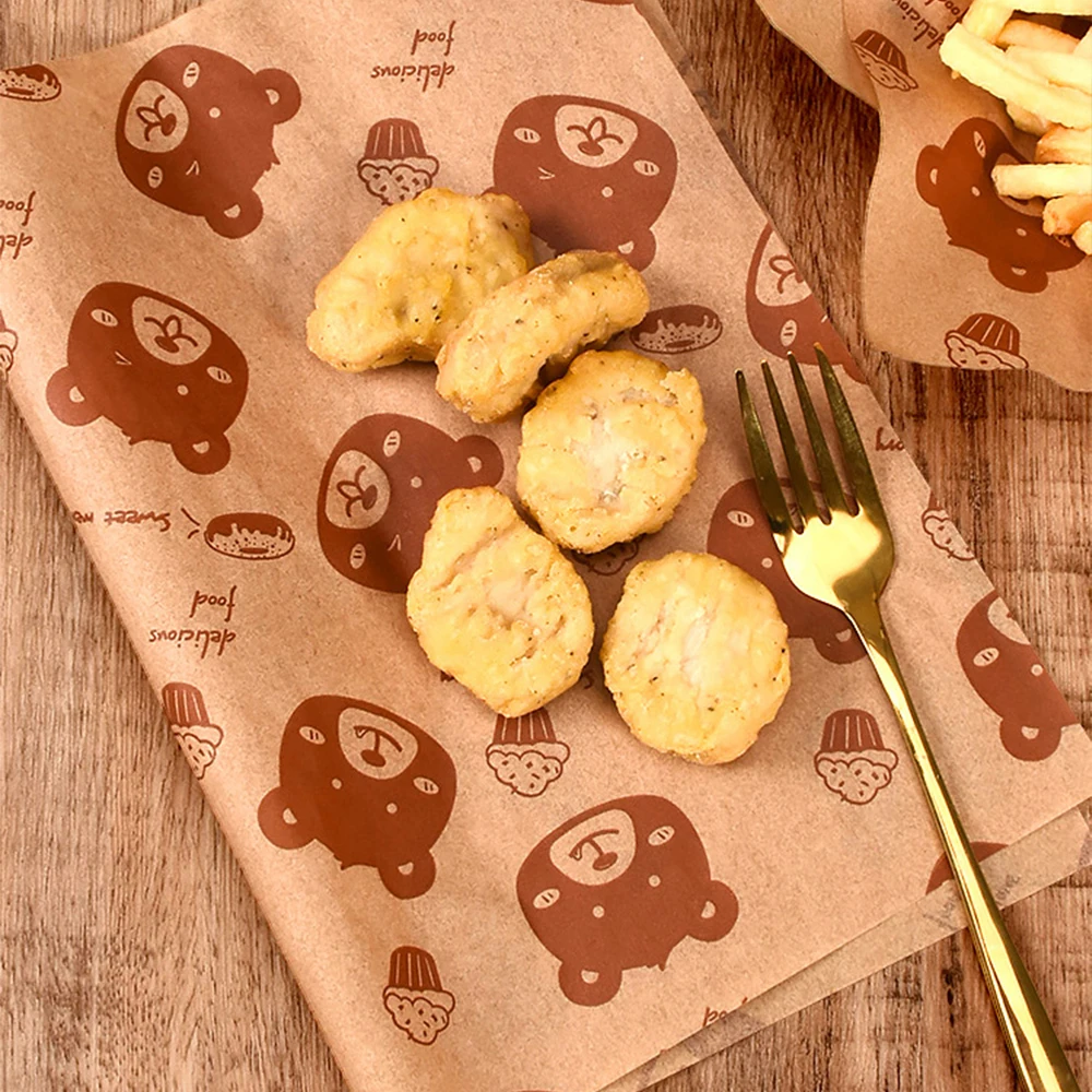 Baking Oil Paper Cute Bear Sandwich Bread Burger Fries Wrapping Paper Oil-Absorbing Kitchen Backing Mat 100 Sheet