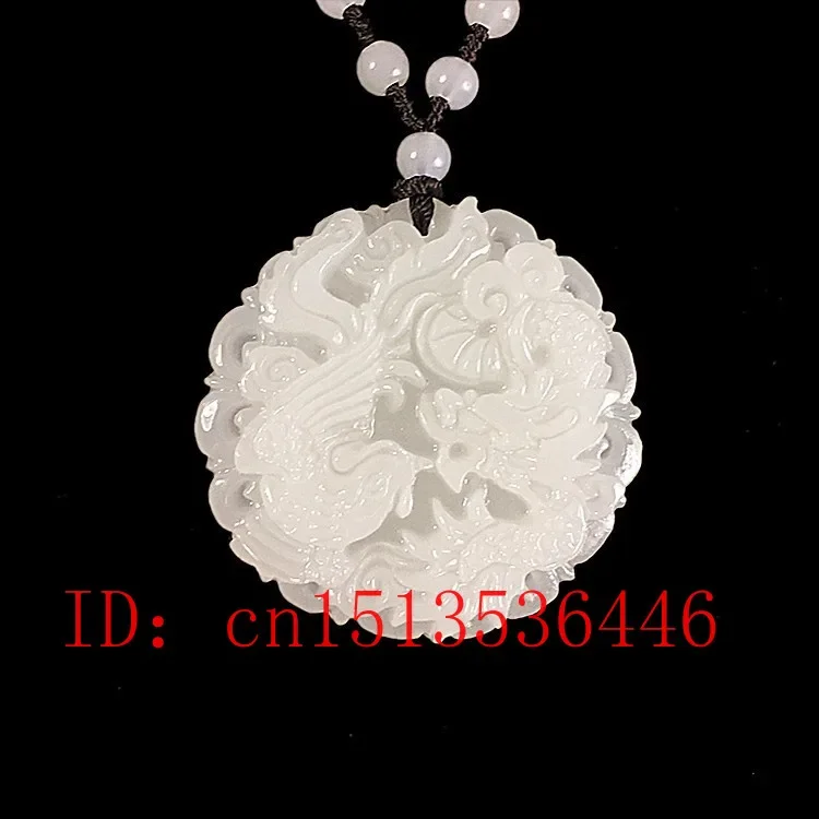 Natural White Jade Dragon Phoenix Pendant Jadeite Necklace Charm Jewellery Fashion Accessories Hand-Carved Man Luck Amulet Gifts