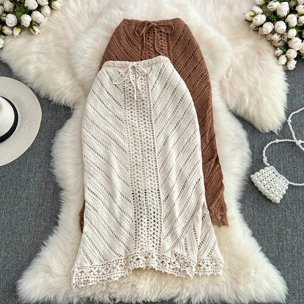 

2022 Summer New Seaside Resort High Waist Thin Medium Long Hollow Out Knitted Split A-shaped Wrap Hip Skirt