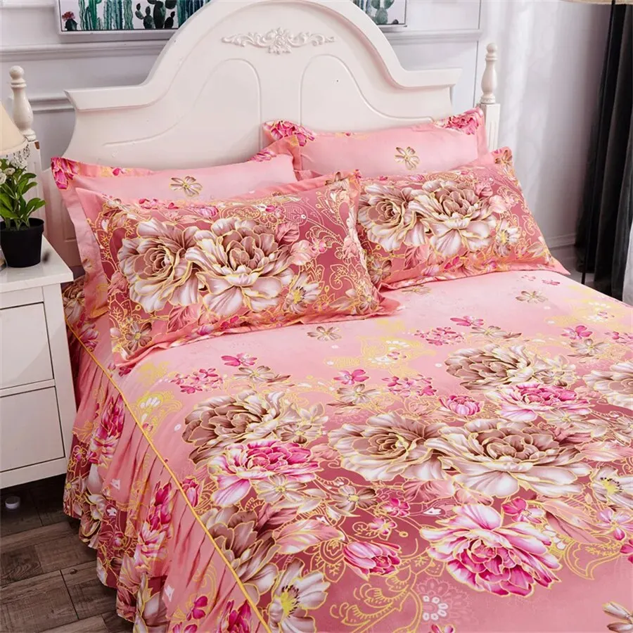 Bed Skirt Set 3PCS Bedsheet * 1 Pillowcase * 2 Coreless Printed Bedskirt All Season Universal Anti Slip bed skirt