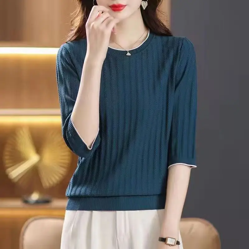 Spring Summer Thin Women's Clothing Solid Color Knitted Round Neck Commute Simplicity Three Quarter Loose Casual Korean T-shirt