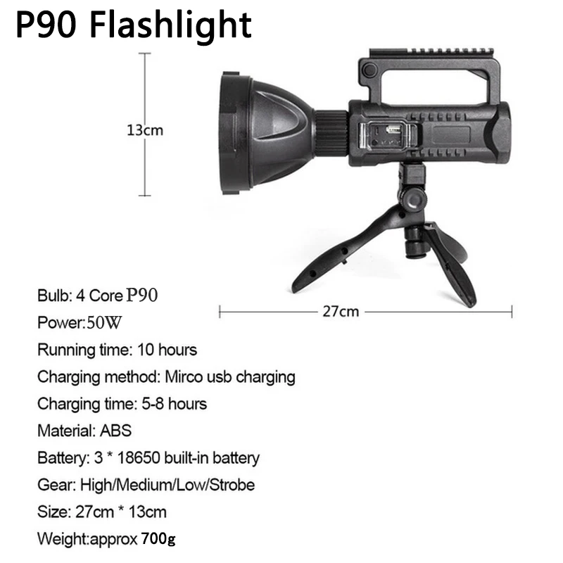 NEW P90 Portable Powerful LED Flashlight Handheld Searchlight USB Rechargeable Spotlight Waterproof Torch Work Light Outdoor usb rechargeable torch