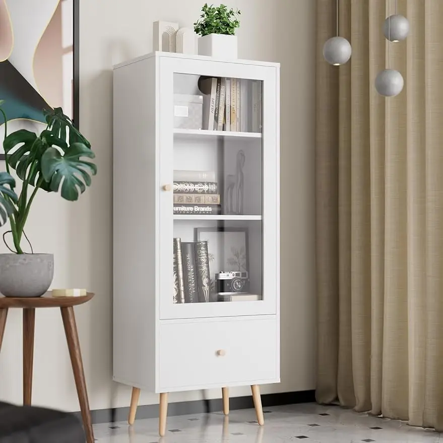 

Bookcase with Drawers, 3-Tier Small Bookshelf with Acrylic Door, Accent Side Cabinet for Living Room, Study, Bedroom, White