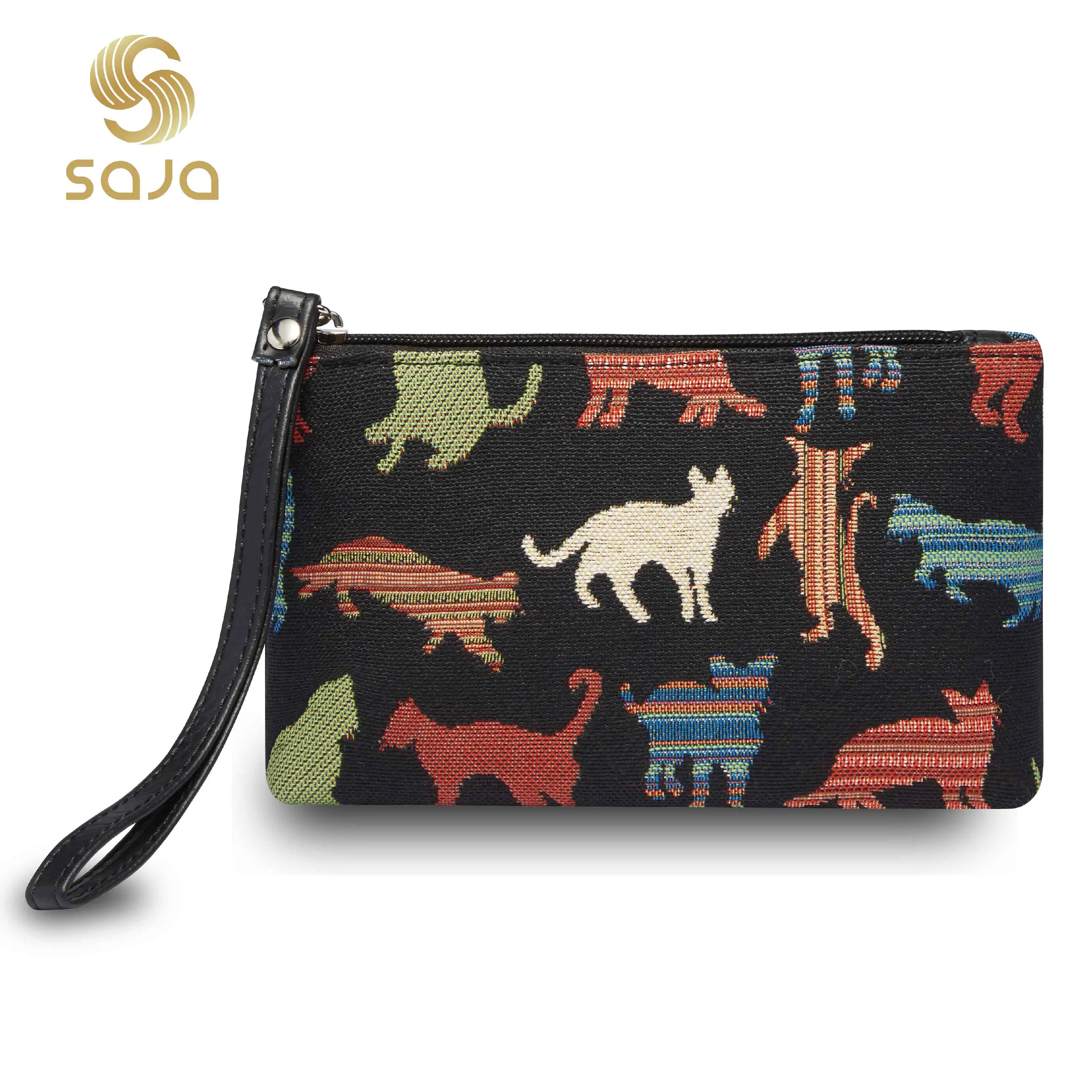 SAJA Wrist Bag Wristlets Coin Purses Women's Wallet Tapestry Bags Pouch Cute Cat Lipstick Credit Cards Cash Holder For Girl Ladi