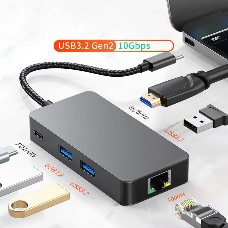 

6 в 1 USB 3.2 Type C HUB To 4K 60Hz HDMI адаптер Dock 3 порта USB 3,2 PD 100W зарядка RJ45 для Macbook Pro ноутбук планшетный ПК