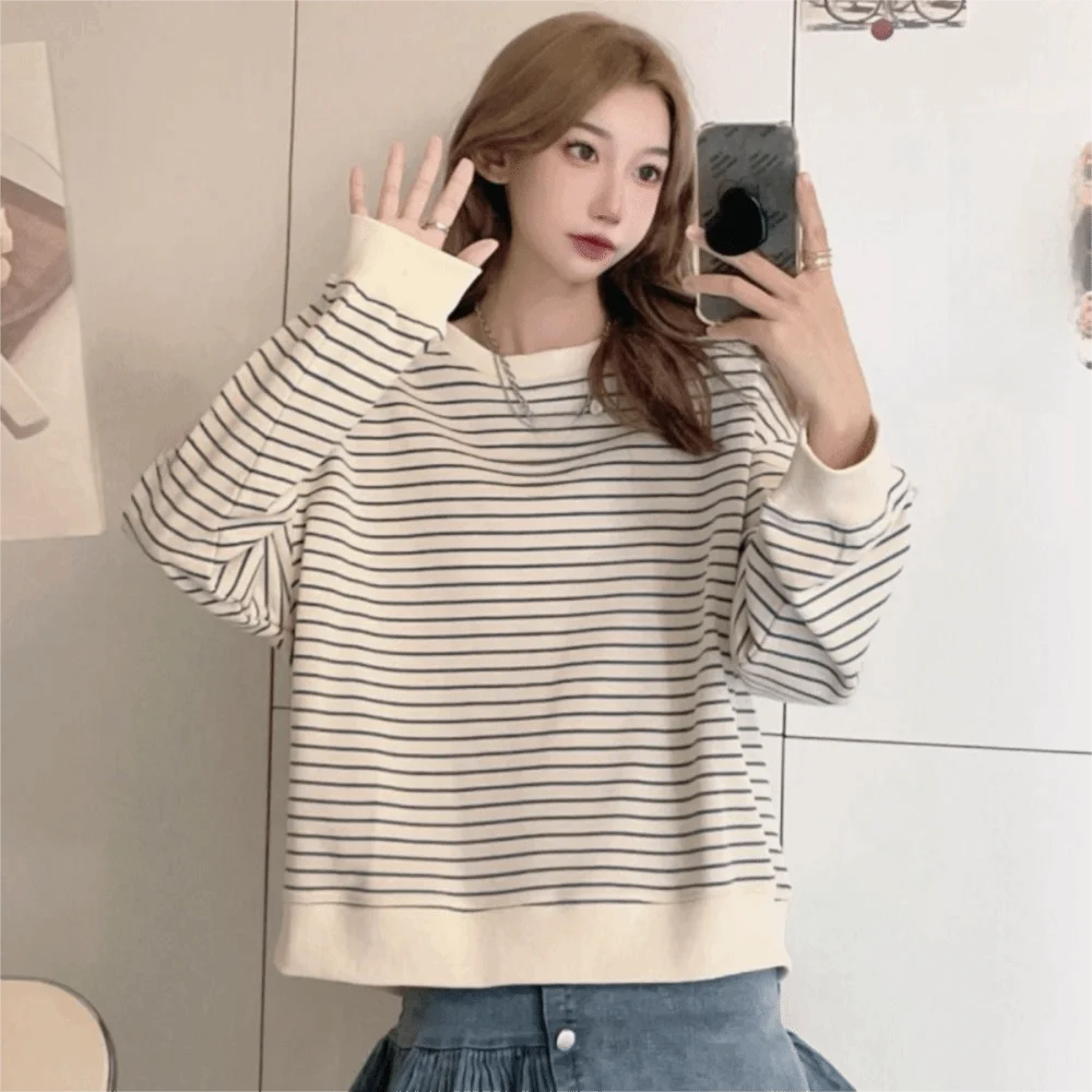 Fashion Y2k Striped Loose Hoodies Long Sleeve V-Neck Hooded Sweatshirts Female Tops Lazy Style Hoodies Women Student