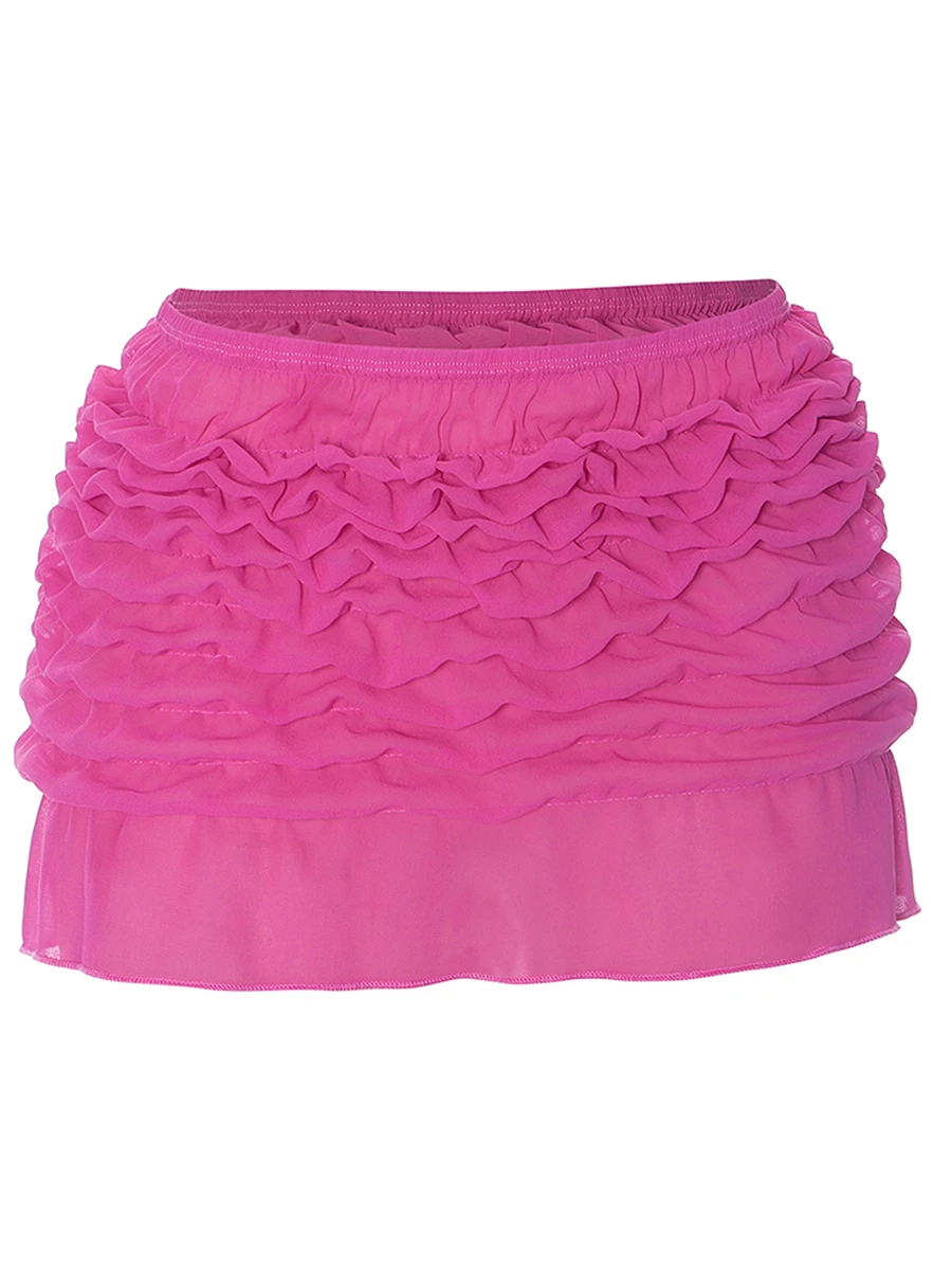

RUIBBWAN Women Ruffle Pleated Casual Mini Skirts Summer Lace See-Through Low Waist Short Skirts Streetwear