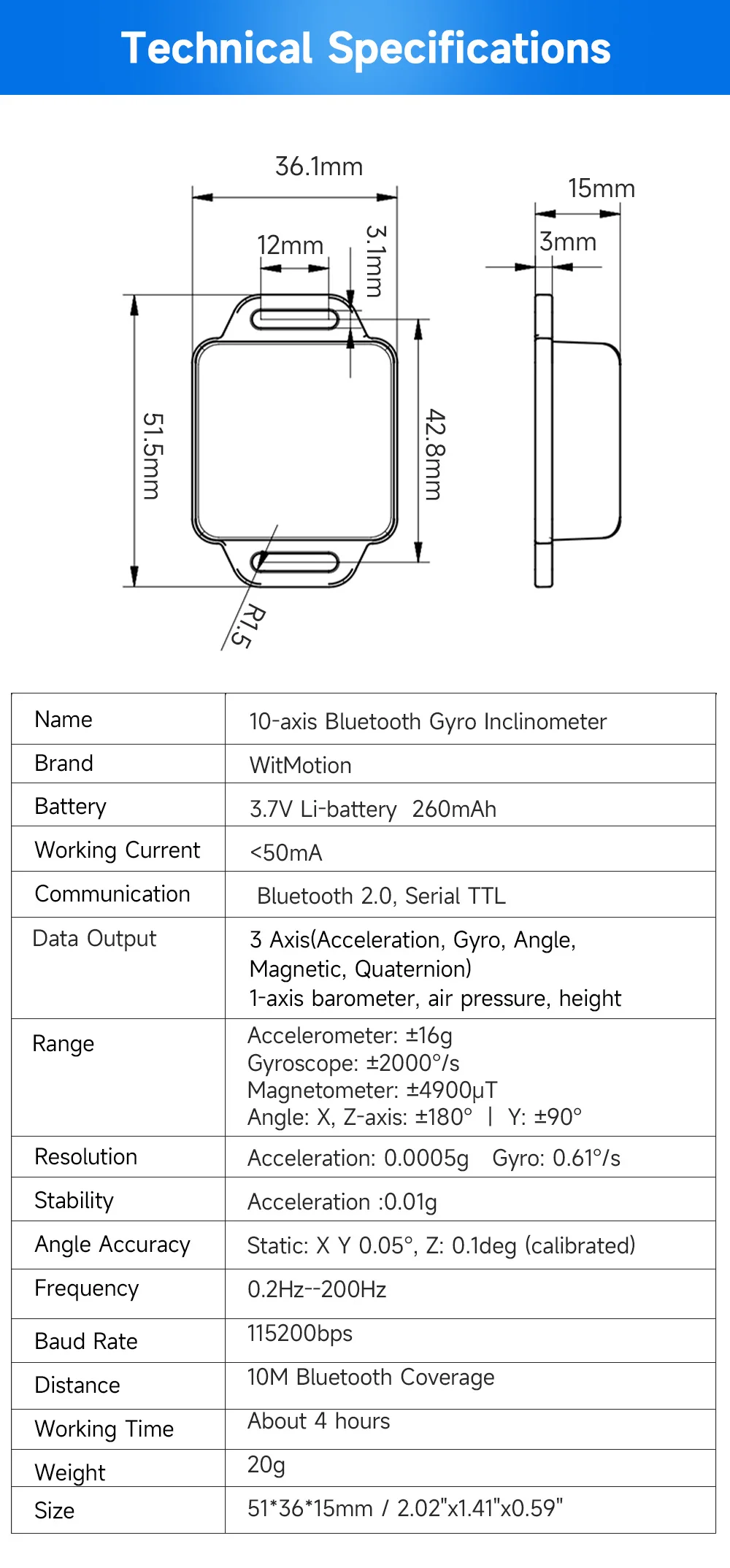 블루투스 가속도계 BWT901BCL 200Hz MPU9250 AHRS 9 축 자이로스코프, 각도 (XY 0.05 ° 정확도), 기압계 포함 자력계