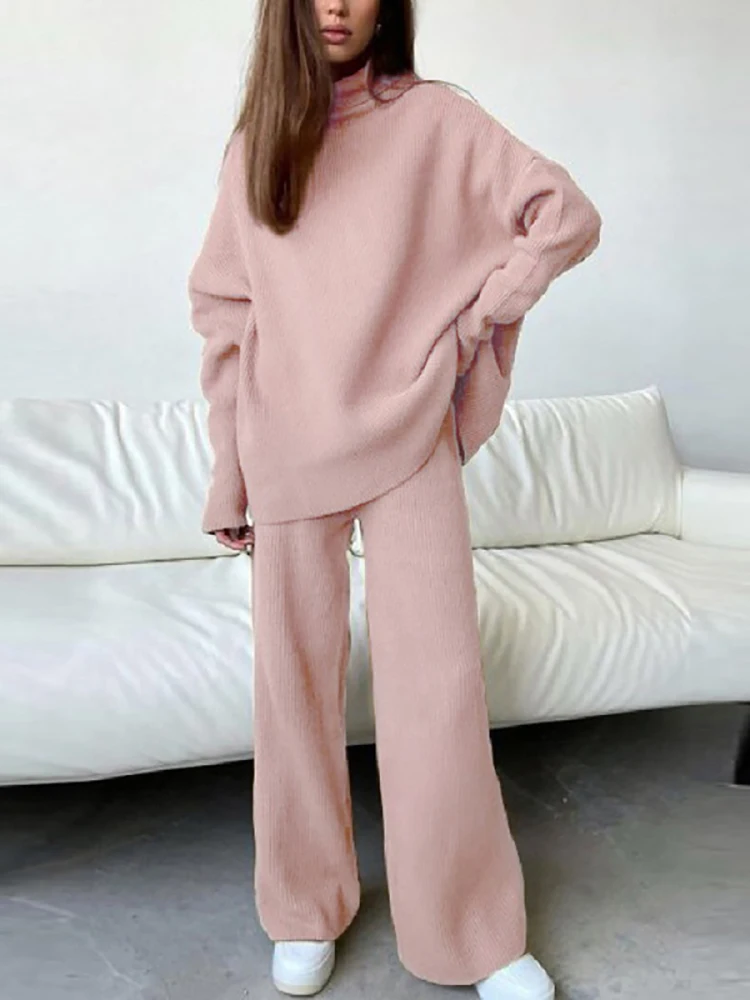 suit set Tracksuit For Girls Solid Loungewear 2PCS Suit Spring Autumn Long Sleeve Wide Leg Pant Casual Ladies Set Loose Turtleneck Outfit short suit set