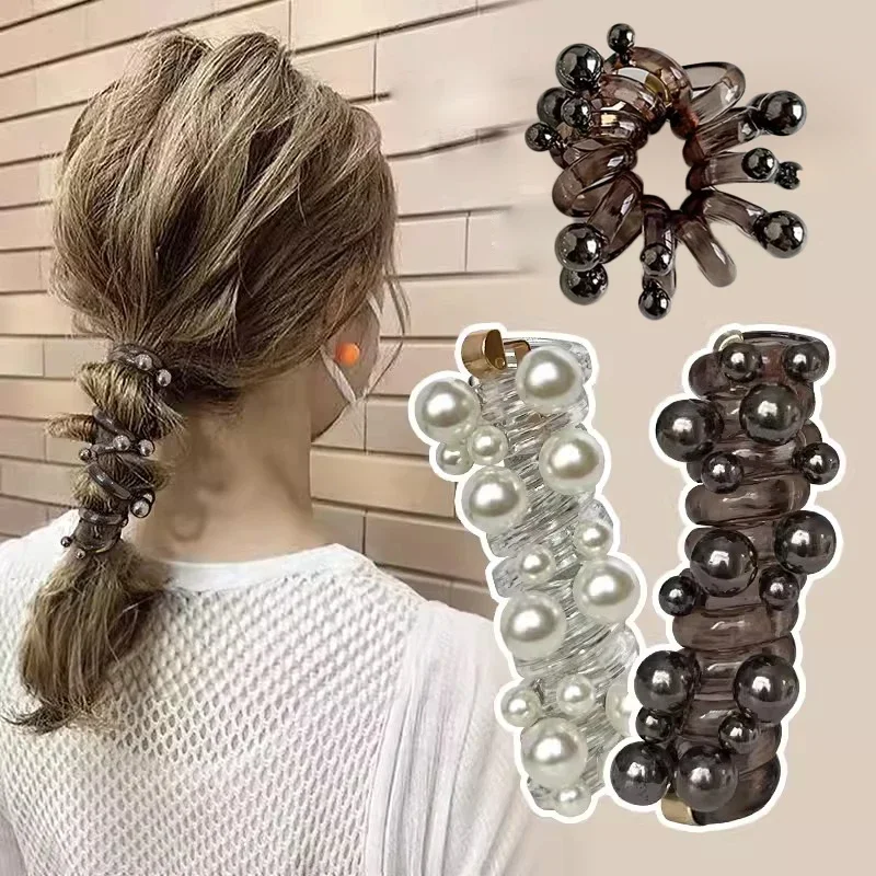FashionPearlTelephoneCordScrunchiesHairRopeforWomenGirlsRubberBandsSimplePonytail