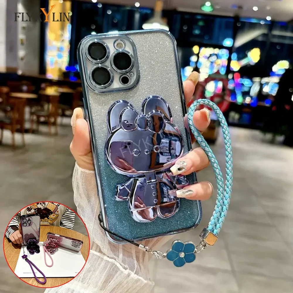 Luxury Glitter Rabbit Mirror Phone Case with Four Leaf Clover Hand Rope