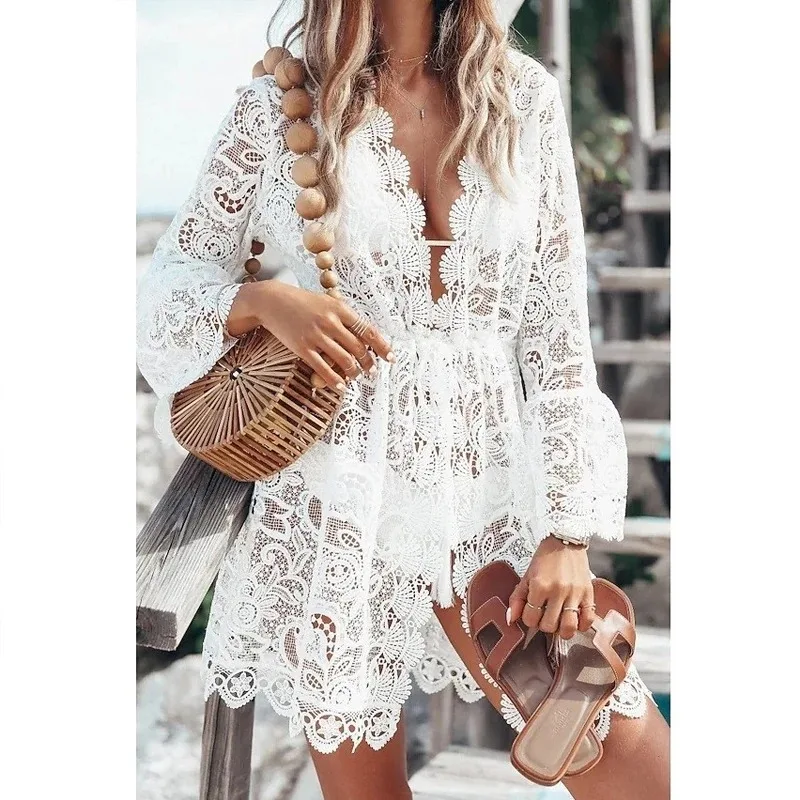 Lace Beach Dress for Women Sexy Sunscreen Deep V-neck Hollow Long Sleeve White Y2k Short Dress Bikini Blouse Party 25183