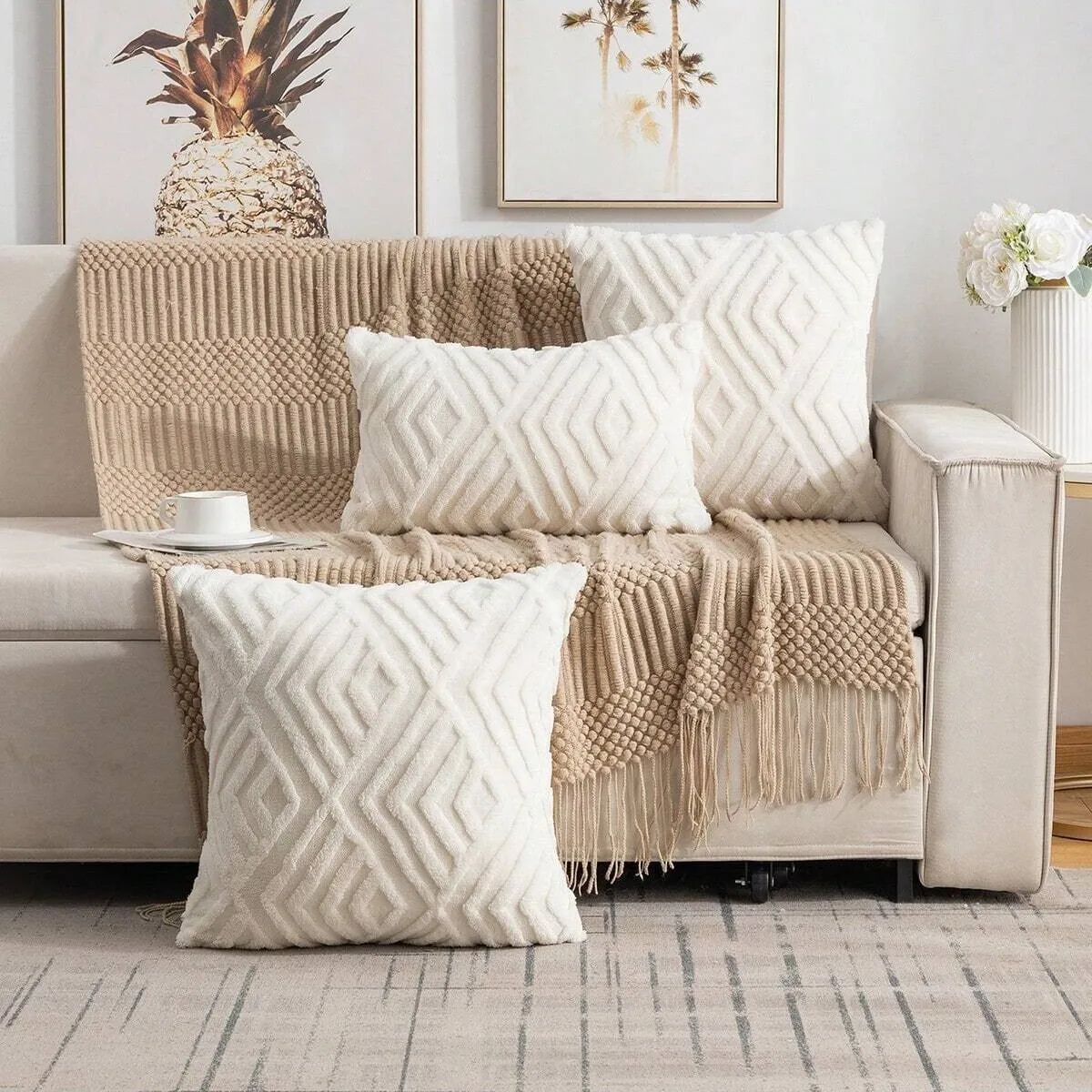 White Pattern 2 diamond-textured faux fur pillow