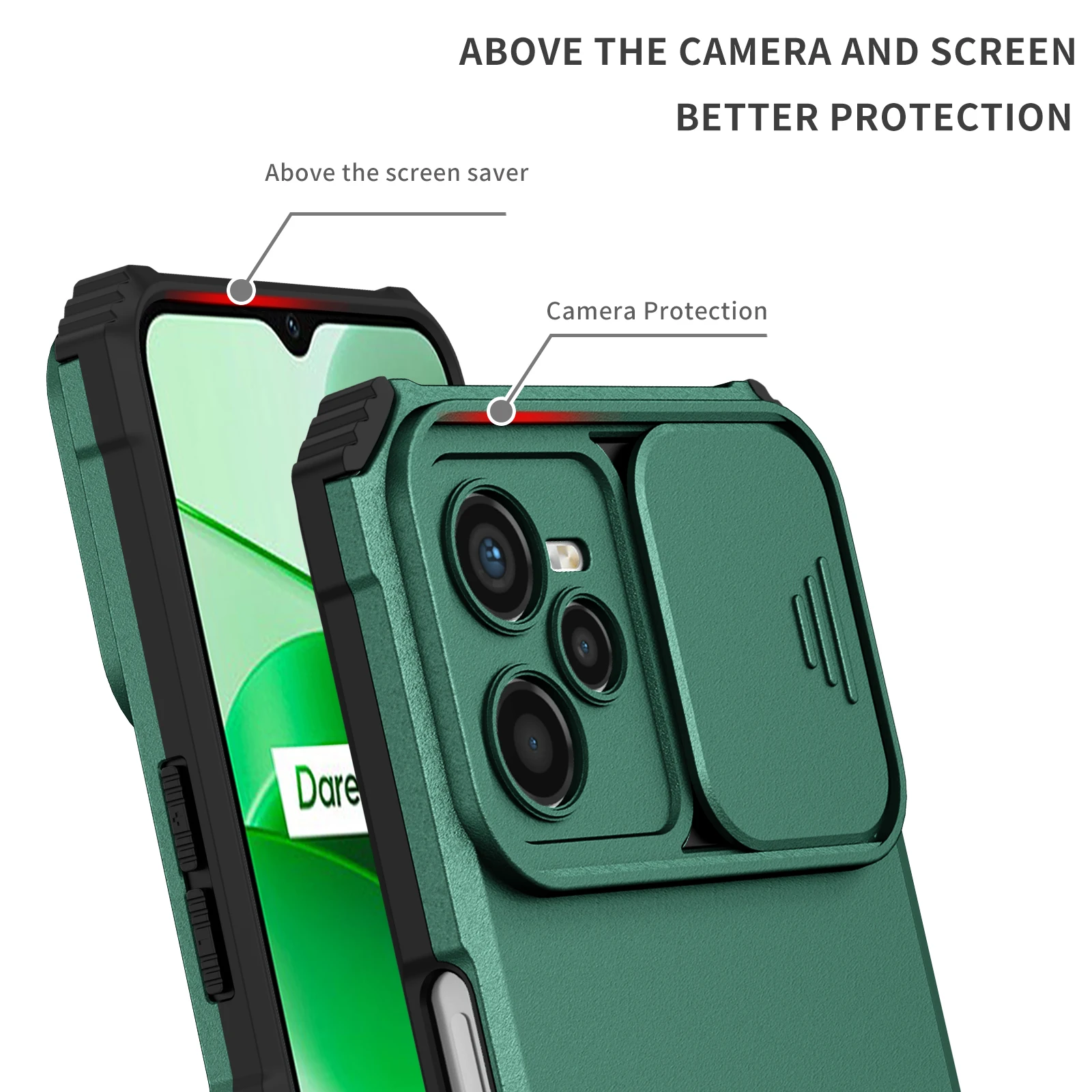 Durable Phone Case with Slide Camera Lens Protection and Stand