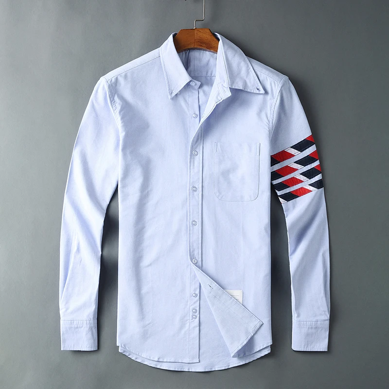 

TB THOM Shirt Spring Autunm Fashion Brand Business Men's Blouse Sleeve RWB Stripe Casual Cotton Oxford Slim Top Quality TB Shirt