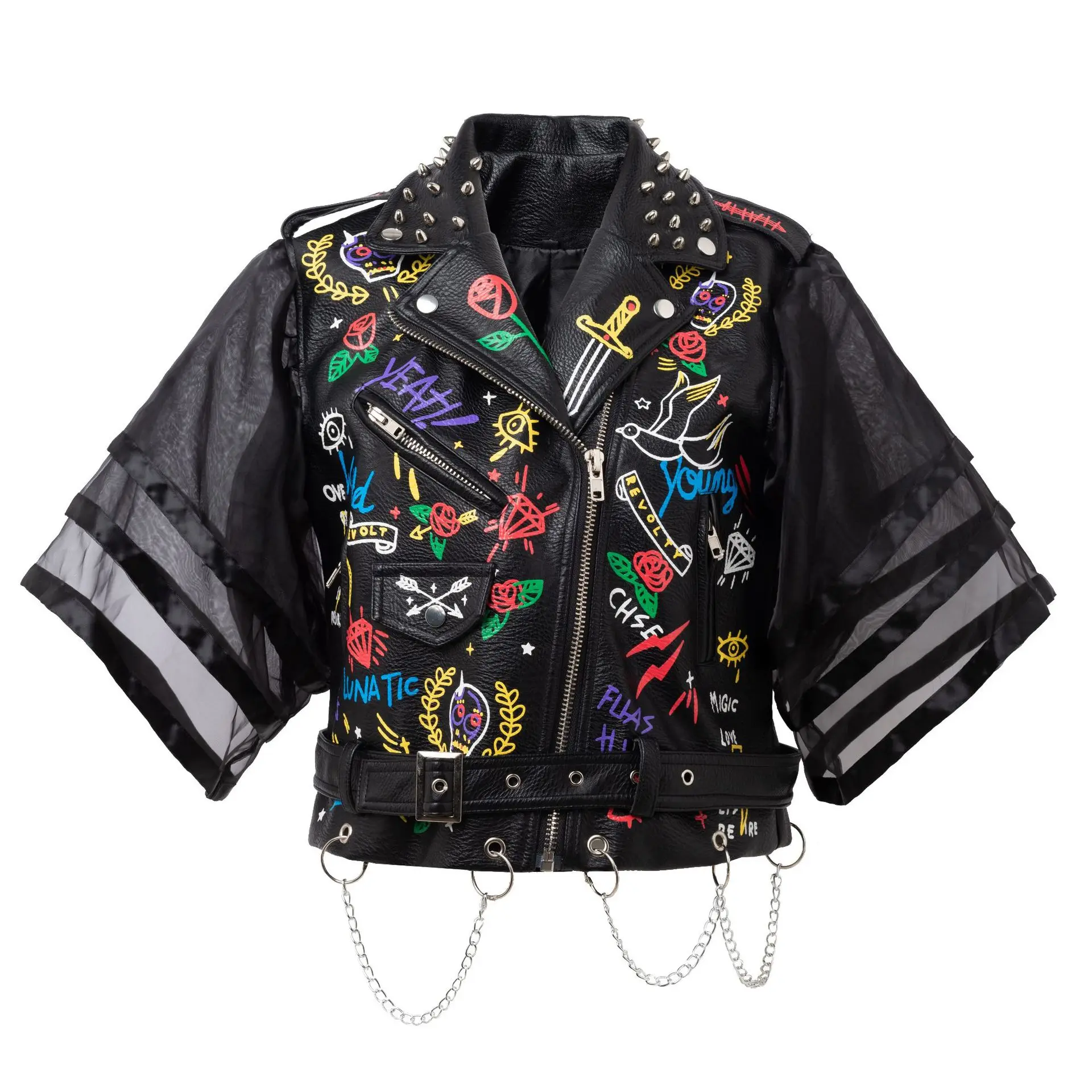 

Motorcycle Jacket Graffiti Women's Motorcycle Leather Jacket PU Material Rock Jacket Long Rivet Woman's Biker Coat Summer Style