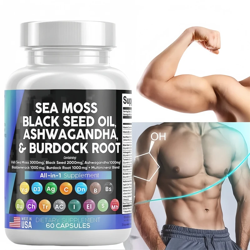 Natural Ashwagandha & Sea Moss Capsules for Men Increase Energy & Endurance Permanently with Burdock Root Vitamins Minerals