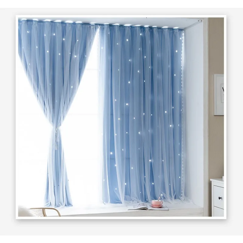 

Non Perforated Blackout Curtains Magic Tape Installation Living Room Bedroom Short Hollow Star Tulle Curtain Rental House Window