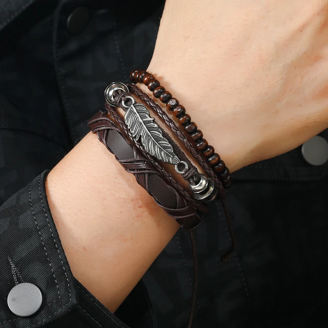 4pcs/ Set Braided Wrap Leather Bracelets For Men Vintage Life Tree Rudder  Charm Wood Beads Ethnic Tribal Wristbands - Bracelets - AliExpress