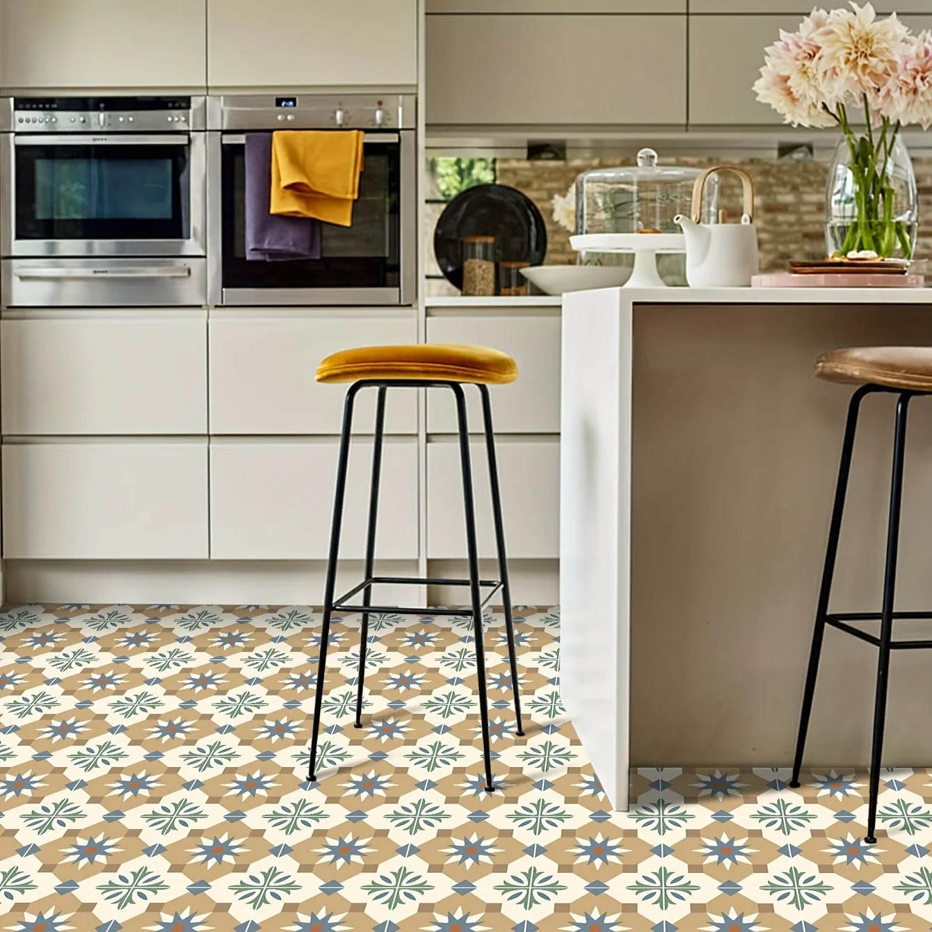 Floor stickers 9PCS Moroccan style printing thickened waterproof for home living room kitchen and bathroom wall