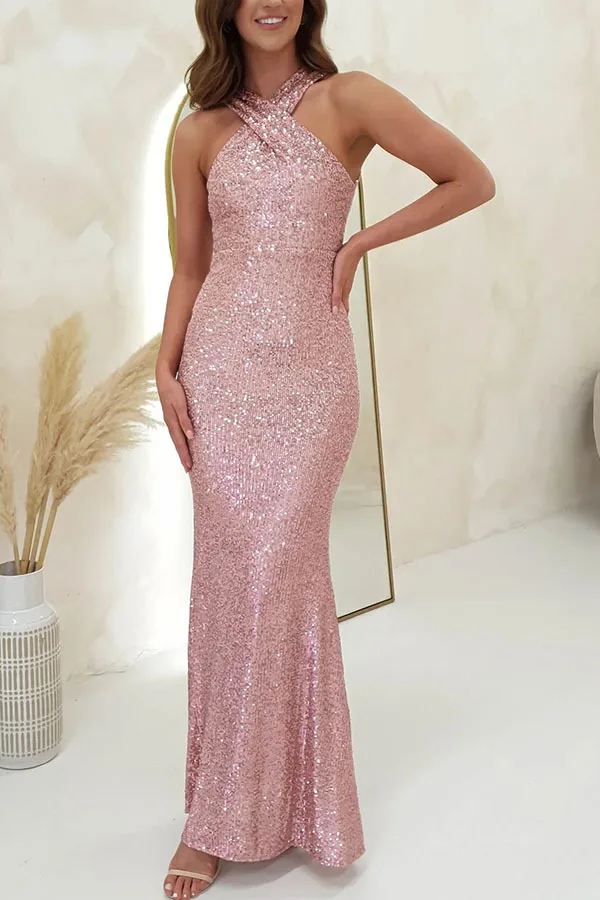 

2024 Spring Women Evening Mermaid Dress Sequined Pink Elegant Long Party Dresses Female Summer Club Fashion Clothes Lady
