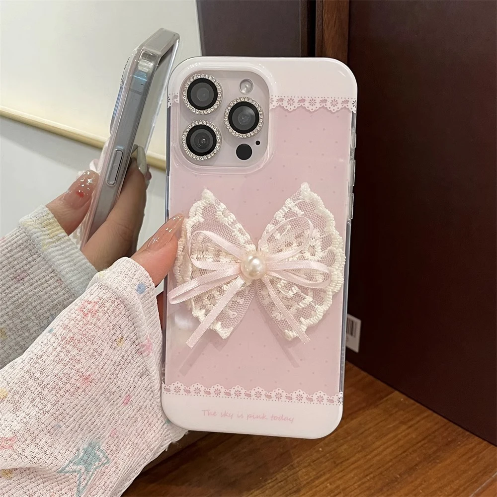 Painted Pink Polka Dot Lace Phone Case with 3D Bow Embellishment