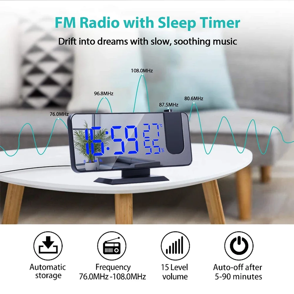 Alarm Clock LED Digital Projection Alarm Clocks USB Electronic Ceiling Projector Alarm Clock with FM Radio for Bedroom Bedside Desktop Clock