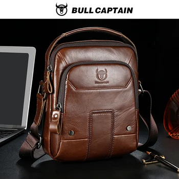 BULLCAPTIAN Borsa a tracolla in vera pelle da uomo Borsa da postino portatile multifunzionale Borsa a tracolla per computer da 7,9 pollici a doppio strato