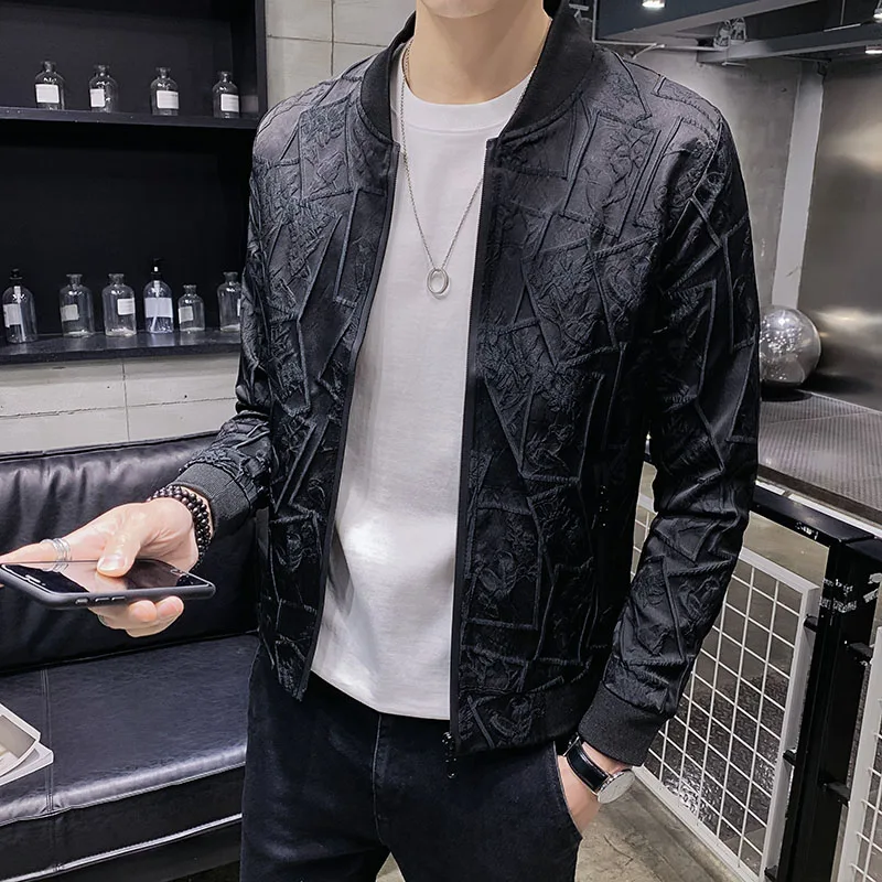 Korean version slim fit jacket baseball overcoat men's autumn business retro casual slim fit jacket lapel printed men clothing