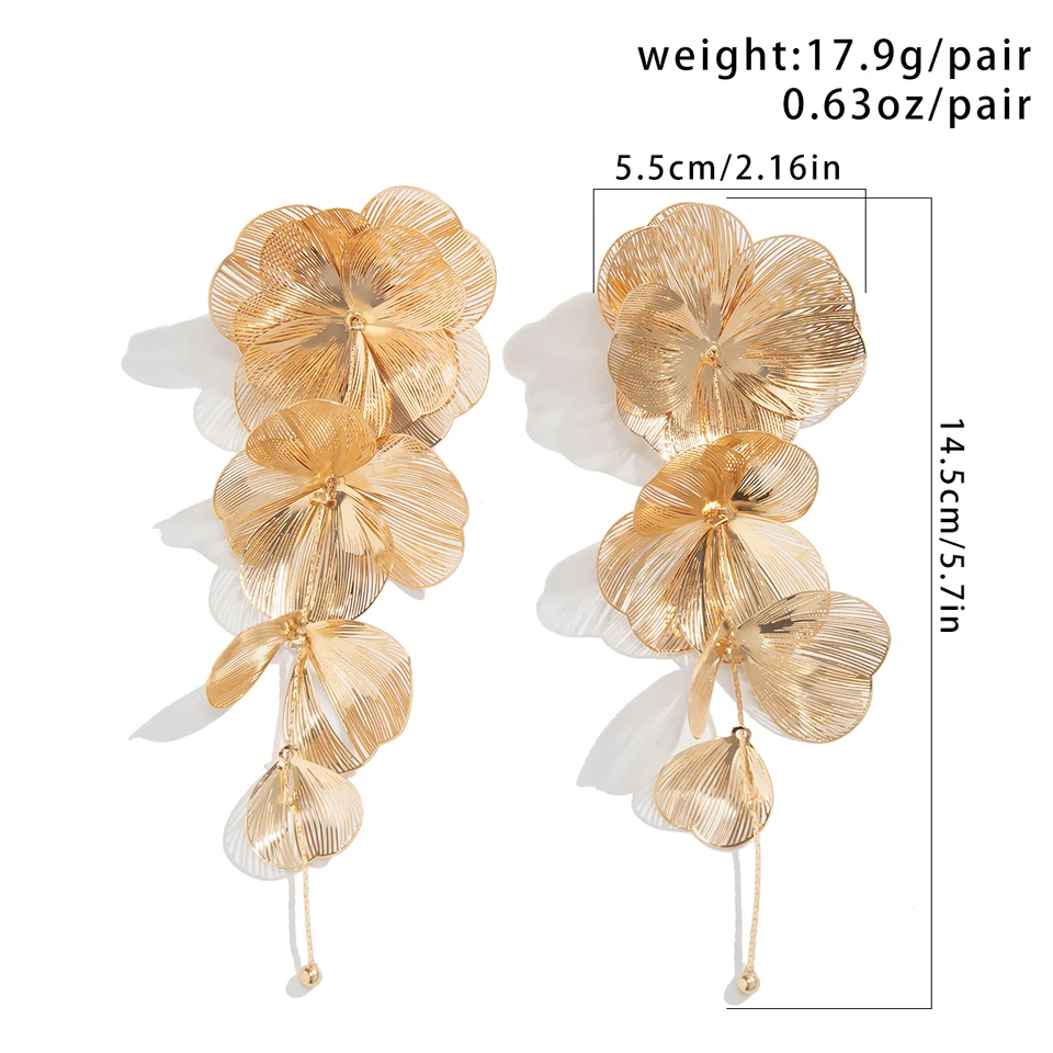 Orecchini Pendenti Grandi A Petalo Di Fiore Oro - Boho Floreali Esagerati In Metallo Lucido, Gioielli Dichiarazione Per Donne E Ragazze