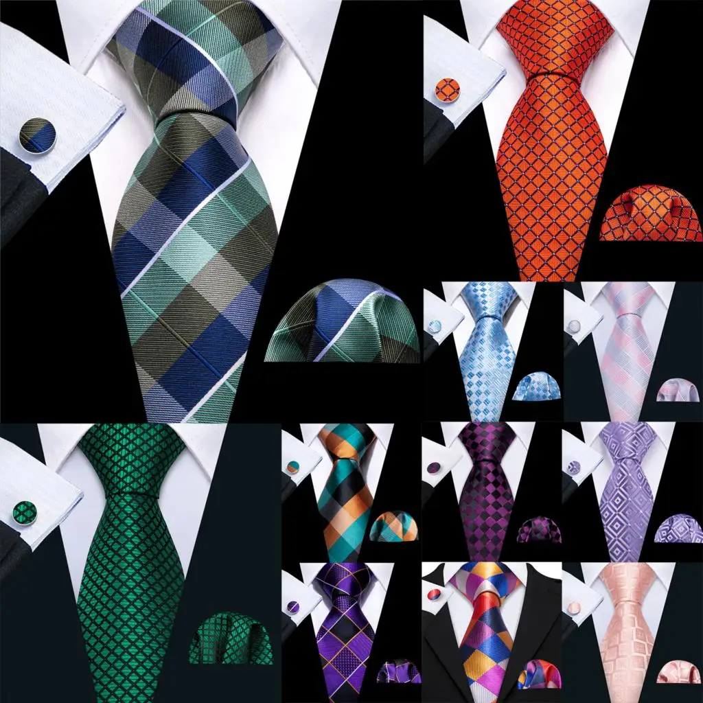 Barry.Wang Plaid Men Tie Hankerchief Cufflinks Set Checked Jacquard Necktie for Male Formal Casual Wedding Business Party