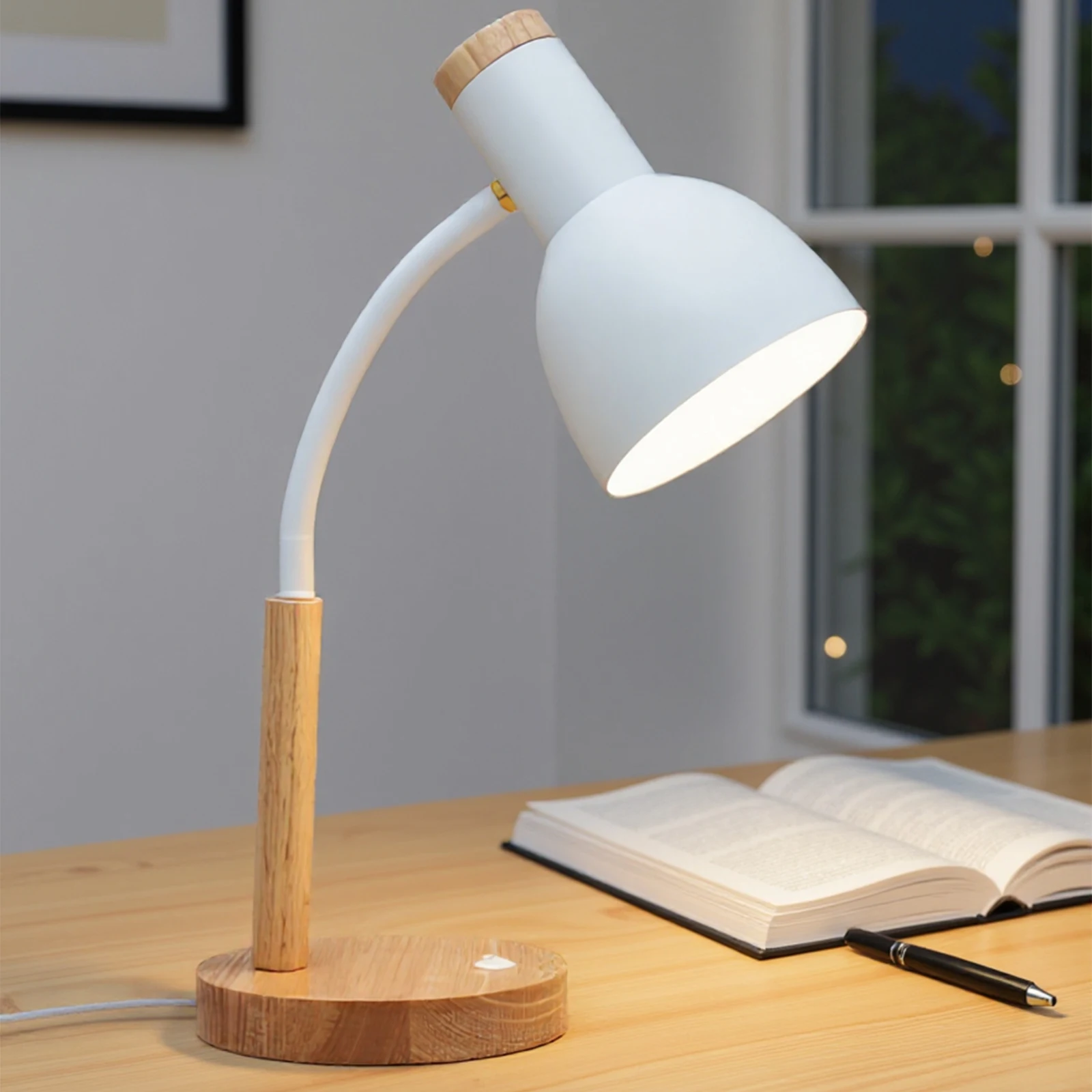 Nordic Wood Iron LED Eye Protection Desk Lamp W/ 3 Colors Multi-Angle Adjustable Desk Lamp for Bedroom Living Room Dining Room