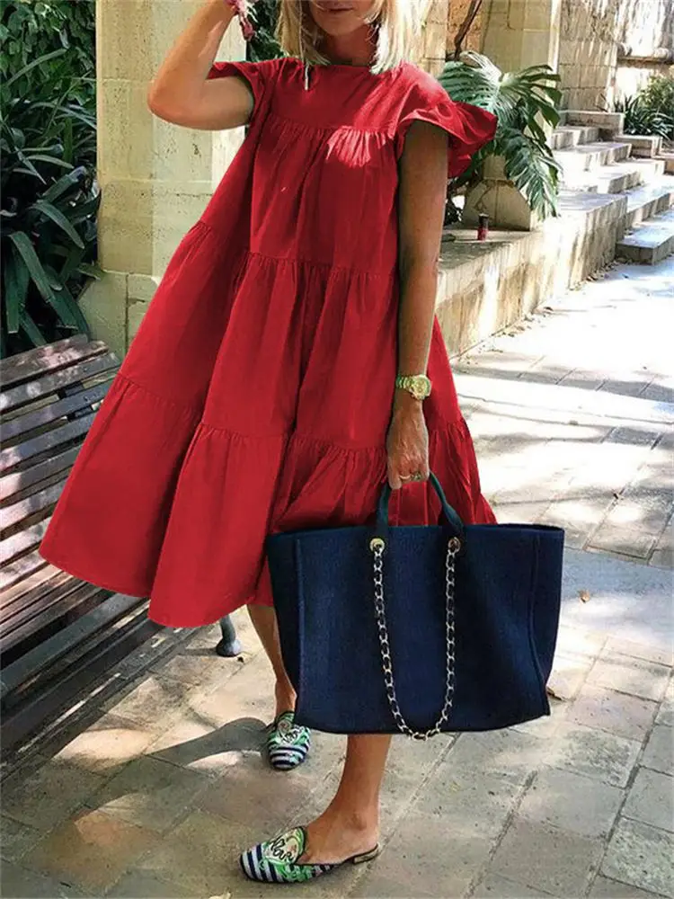 

Bohemian VONDA 2023 Summer Midi Dress Women Long Shirt Sundress O Neck Short Sleeve Solid Color Ruffled Casual Beach Robe Femme