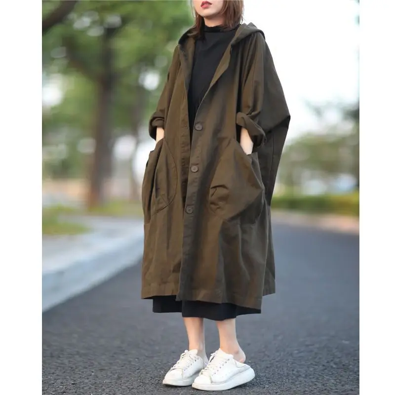 

2023 Spring Autumn New Large Coat Korean Version Mid Length Womens Button Hooded Windbreaker All-match Ladies Outwear Trench