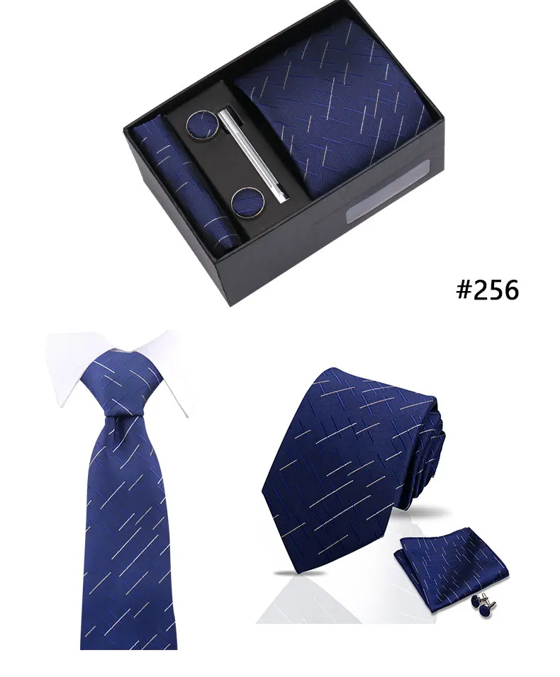Top Quality Tie Set Gift Box Necktie Pocket Squares Cufflinks Tie-Clip Set With Black Box Men Birthday Gift Gravatas Accessories