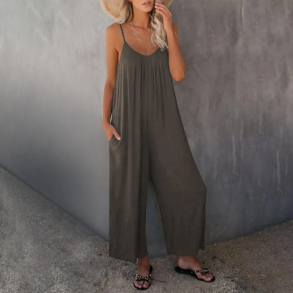 Female Jumpsuit Strap Pockets Siamese Overalls Women Adjustable Spaghetti Strap Stretchy Long Pant for Party комбинезон женский