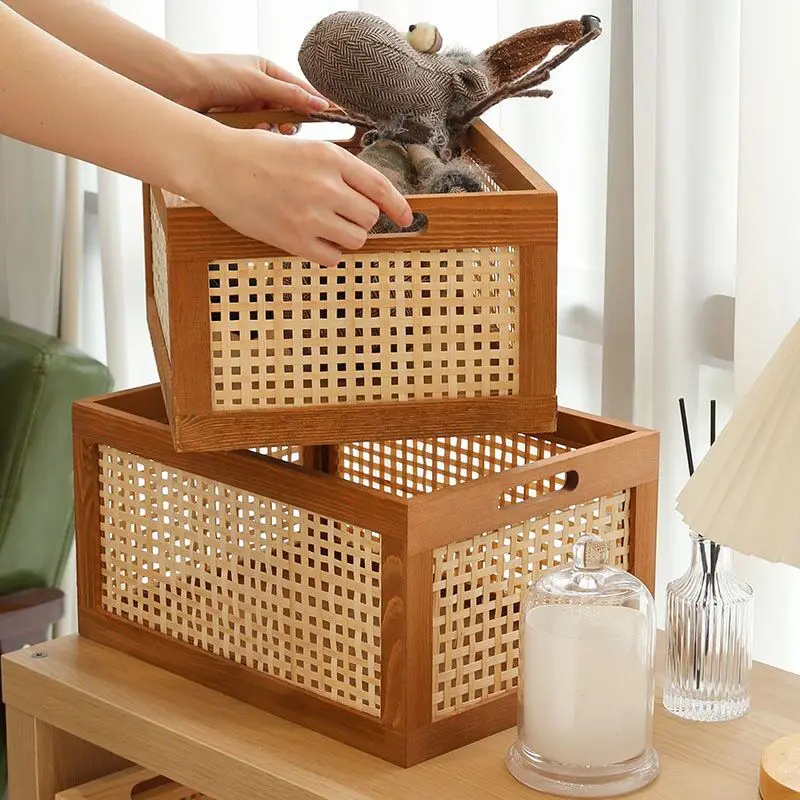 Retro Solid Wood Storage Box Desktop Rattan Basket Book Snacks Fruit Cosmetics Organizer Boxes Home Bathroom Kitchen Basket 5