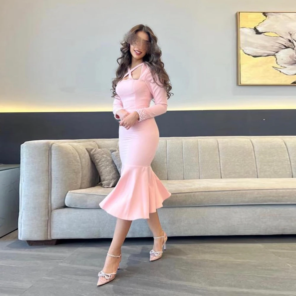 

ROSELLA Elegant Pink Square Collar Women Dress For Formal Occasions Tea Length Mermaid Ruffles Party Prom Gown New 2023