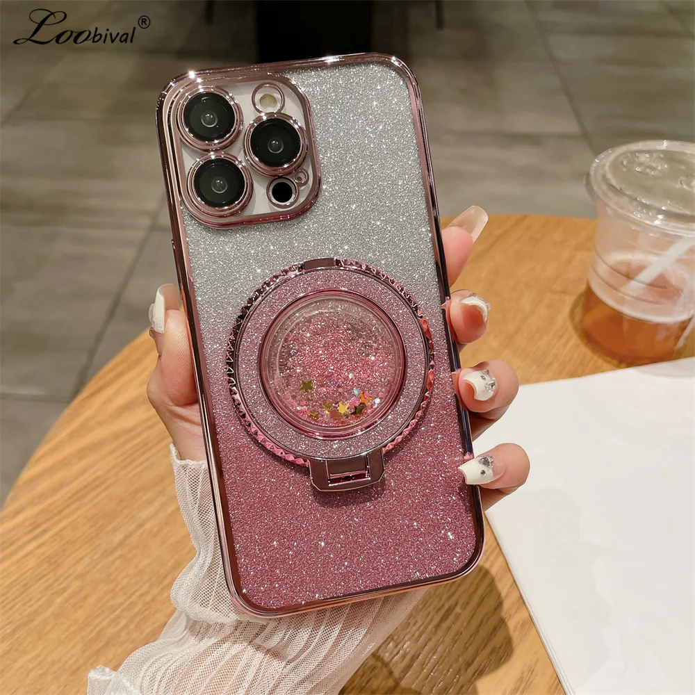 Custodia IPhone 16e Con Cavalletto Ad Anello - Glitter Sabbie Mobili, Rosa, Trasparente - Foto 6