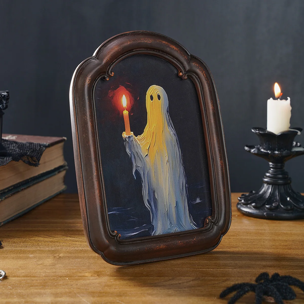 1PC Halloween party Halloween resin material black and brown ghost-holding candle small flower table decoration photo frame