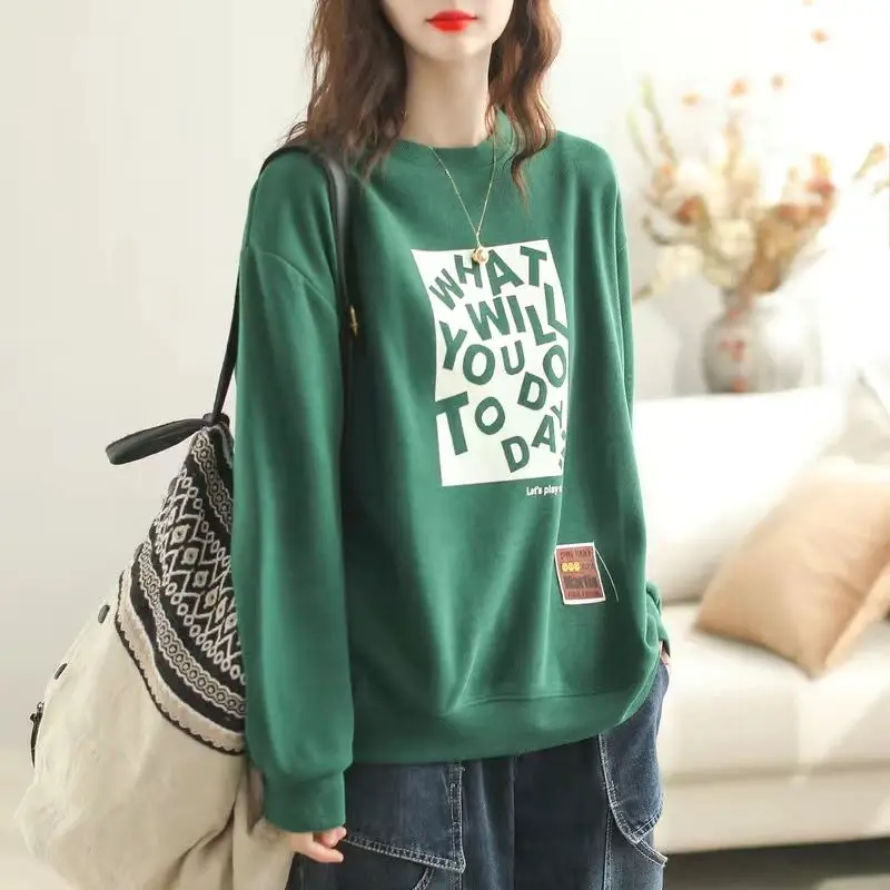 Women's Solid Round Neck Cotton Autumn and Winter New Korean Loose Printed Letter Long Sleeve Pullover Hoodies All Match Tops