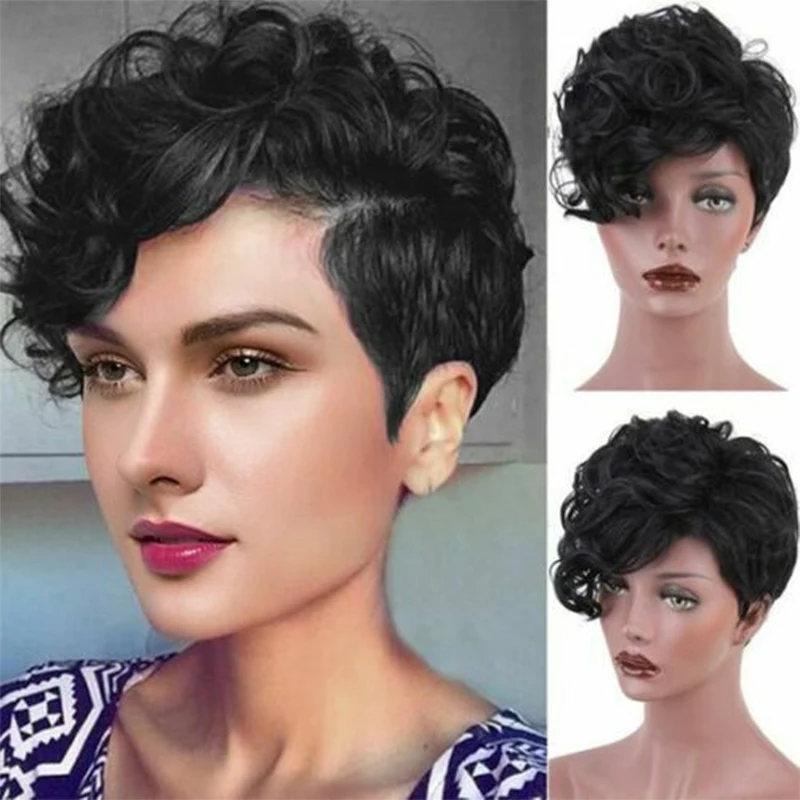 

Short Black Curly Wigs Womens Fashion African Curly Hair Brazilian Curly Wigs Loose Wave Natural Hairline Ocean Wave Hair Wigs